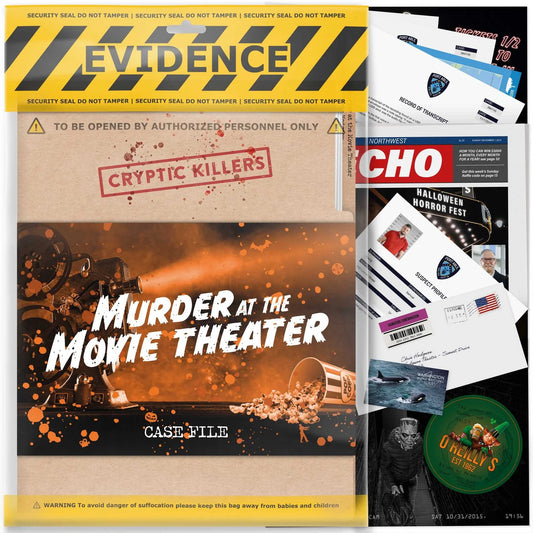 Halloween mystery game set with 'Evidence' box, 'Cryptic Killers' folder, and promotional materials.