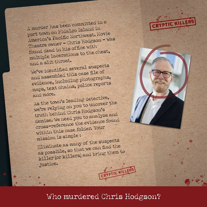 牍 giả hồ sơ điều tra với thông tin về vụ án mạng và hình ảnh của Chris Hodgson.