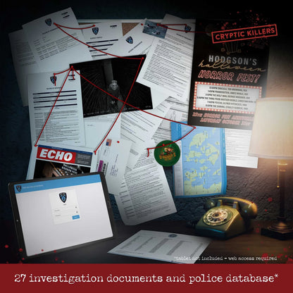 Desk with investigation documents, a tablet, and a lamp, labeled 'Cryptic Killers'.