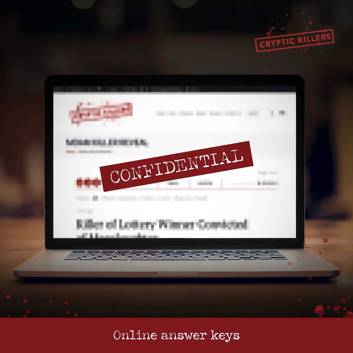 Laptop displaying a news article with 'CONFIDENTIAL' stamp on a dark background