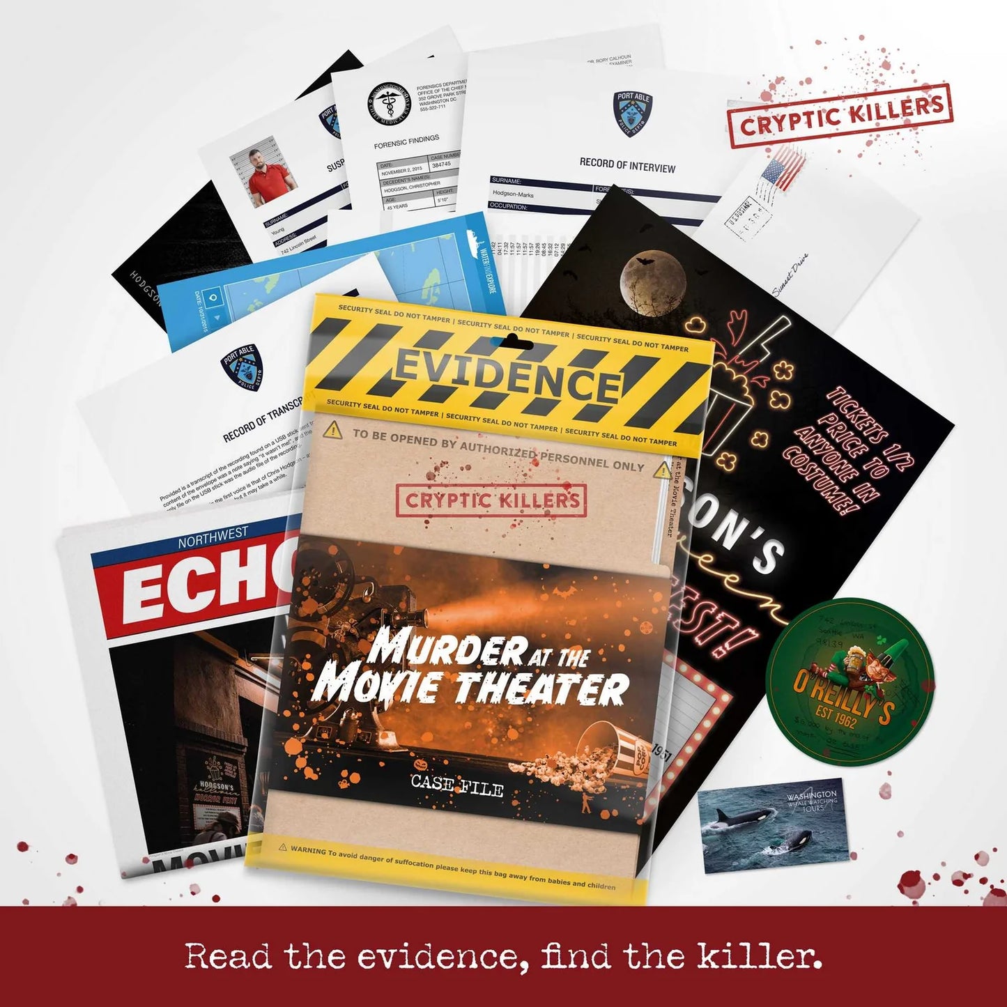 Collection of mystery game components including a book titled 'Murder at the Movie Theater' and various cards on a white background.
