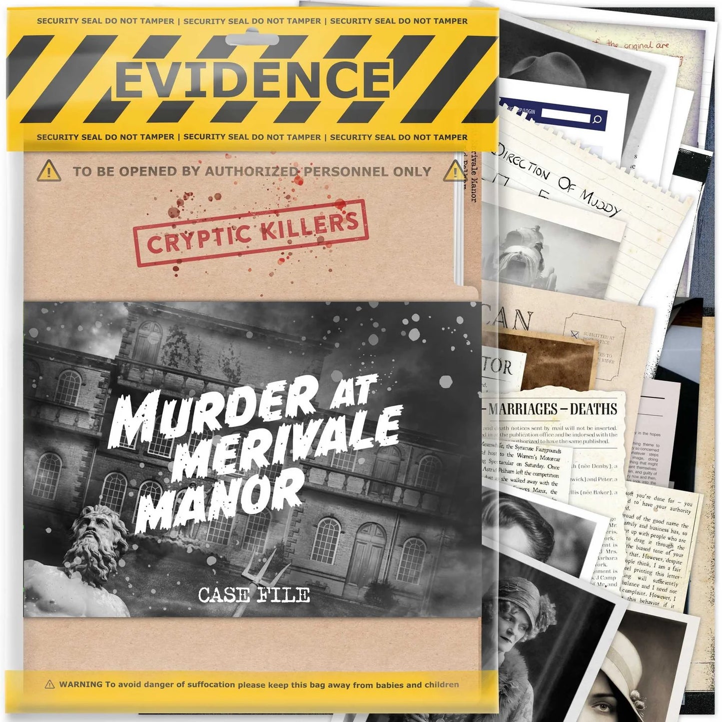 Book titled 'Murder at Merivale Manor' with evidence-themed cover and pages.