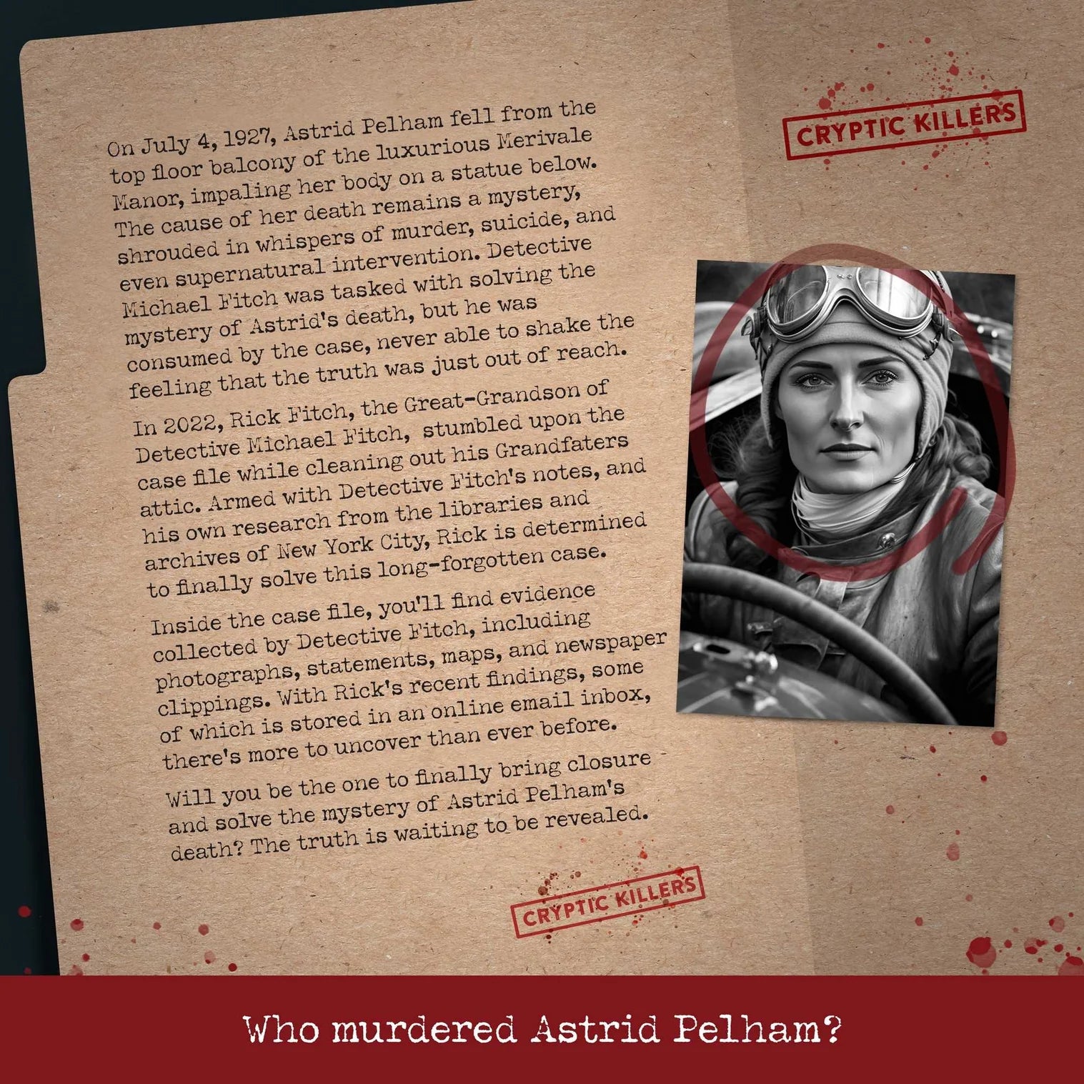 Promotional graphic for 'Cryptic Killers' featuring text about Astrid Pelham's death and a black and white photo of a woman in a car.