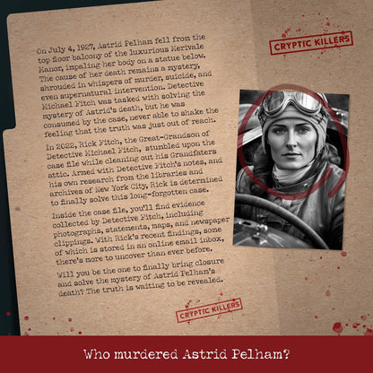 Promotional graphic for 'Cryptic Killers' featuring text about Astrid Pelham's death and a black and white photo of a woman in a car.