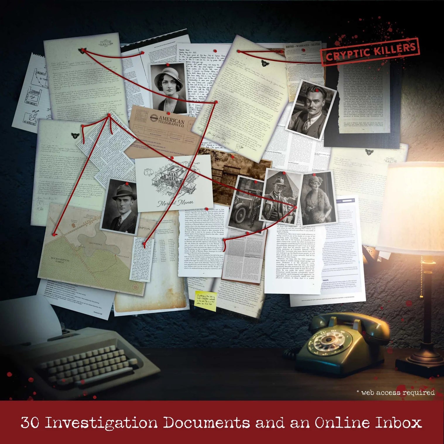 Collection of investigation documents and photos on a desk with a vintage phone and lamp, titled 'Cryptic Killers'.