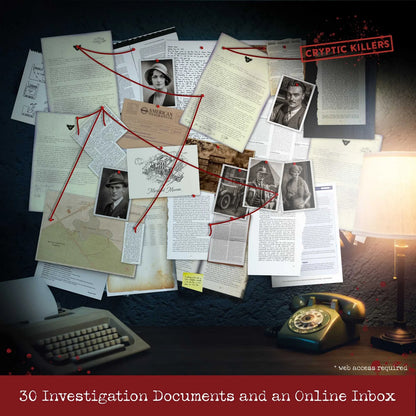 Collection of investigation documents and photos on a desk with a vintage phone and lamp, titled 'Cryptic Killers'.