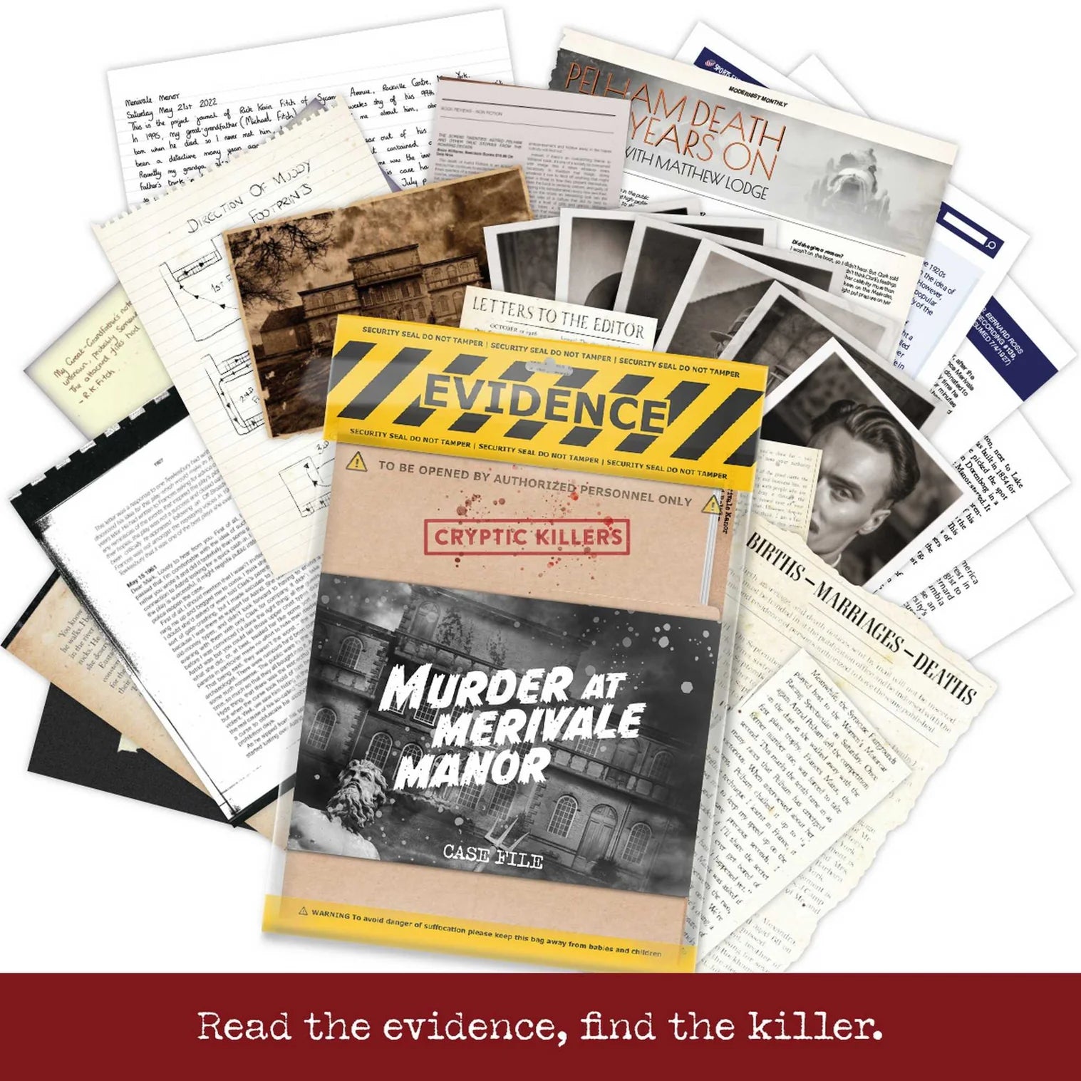 Game box for 'Murder at Merivale Manor' with evidence sheets and photos on a white background