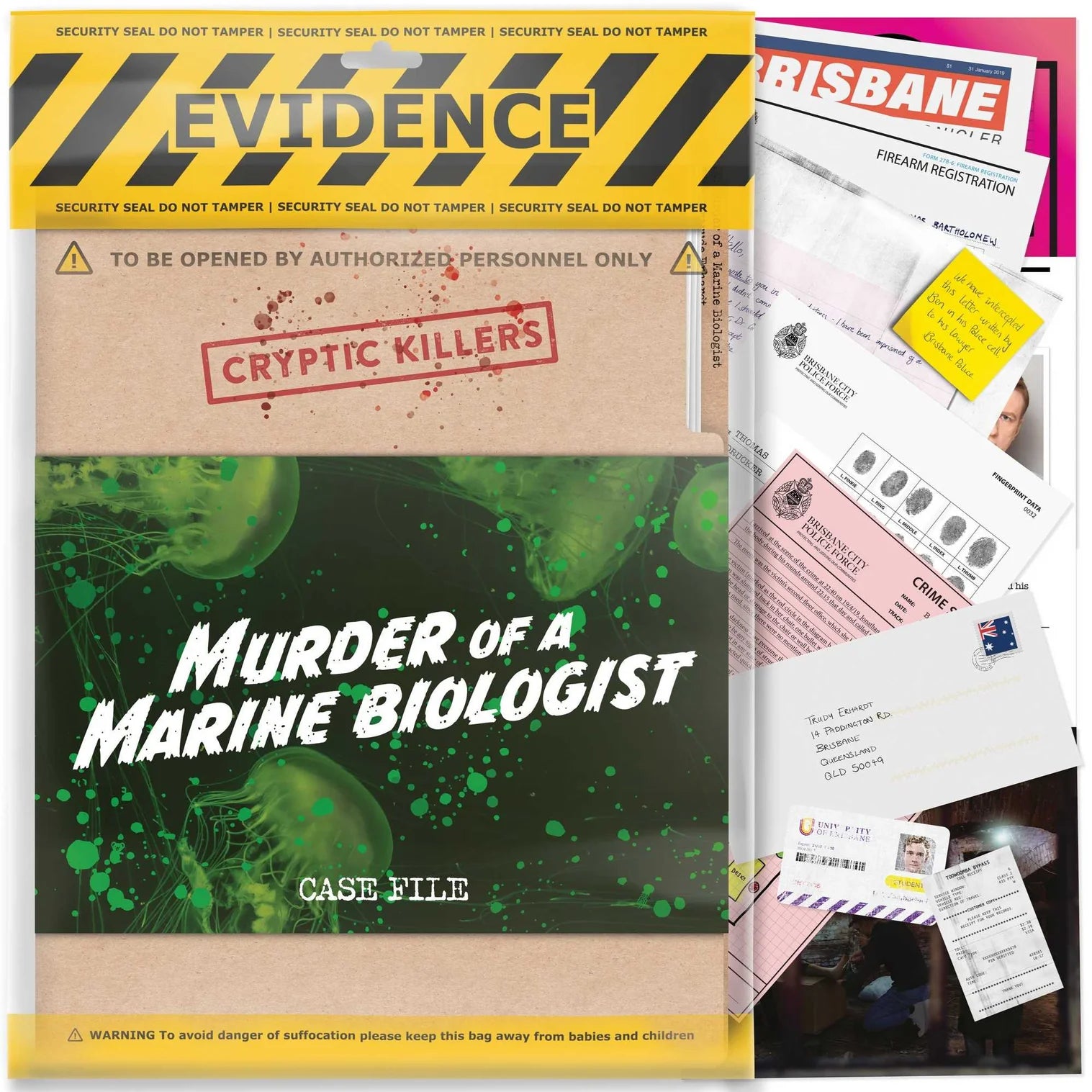 Book titled 'Murder of a Marine Biologist' with 'Evidence' and 'Cryptic Killers' packaging, alongside documents.