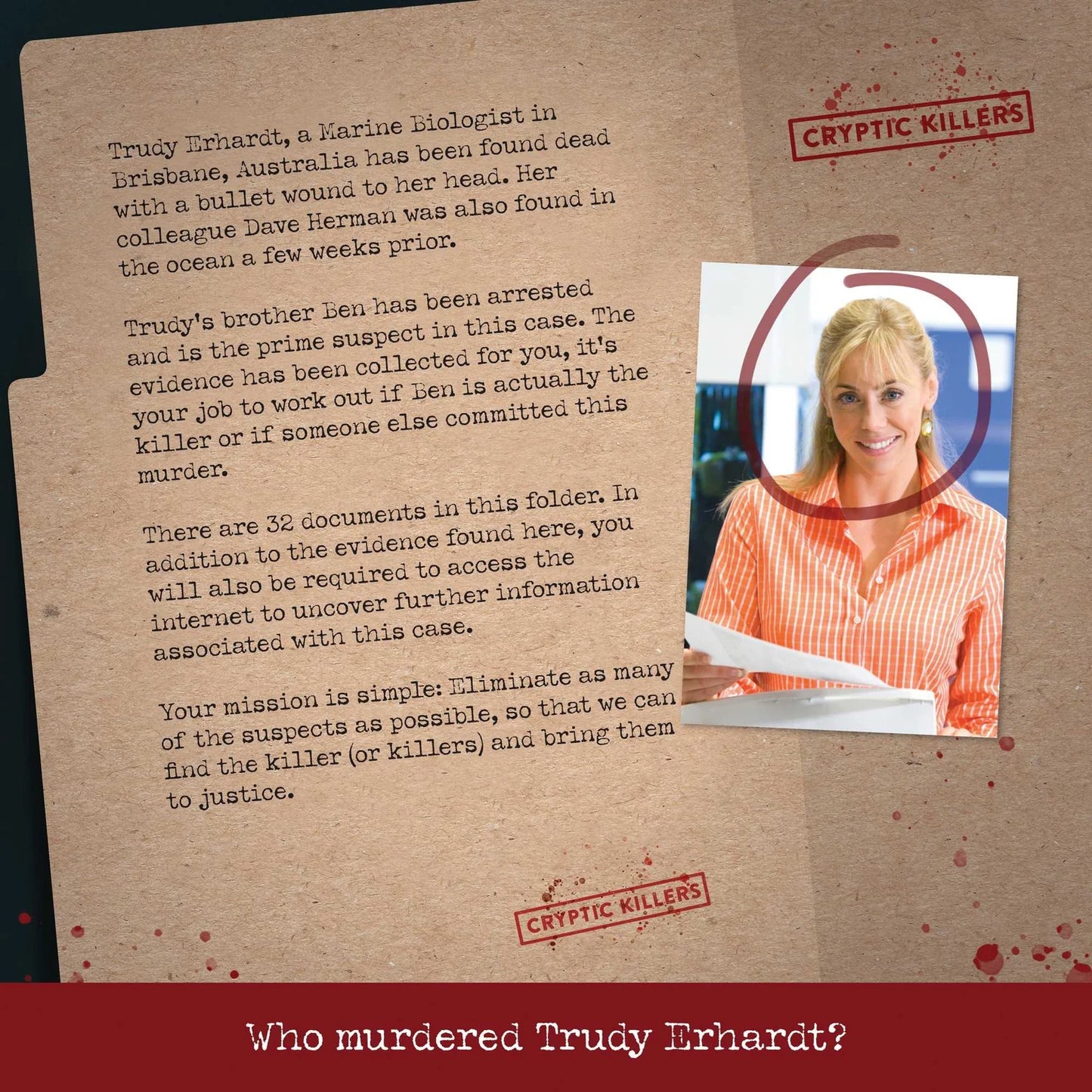 Game or puzzle box with text and a photo of a woman, featuring the brand 'Cryptic Killers'.