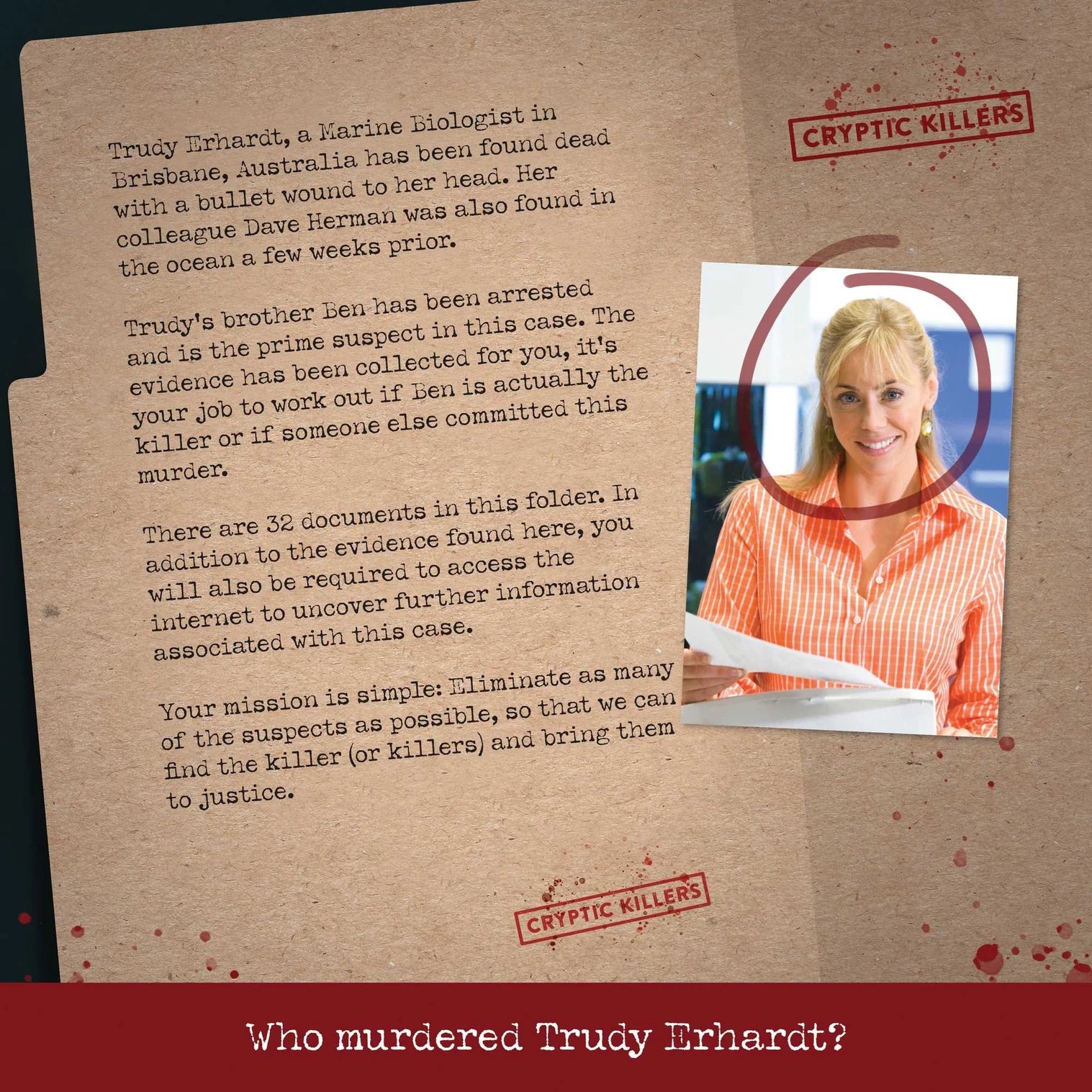 Game or puzzle box with text and a photo of a woman, featuring the brand 'Cryptic Killers'.