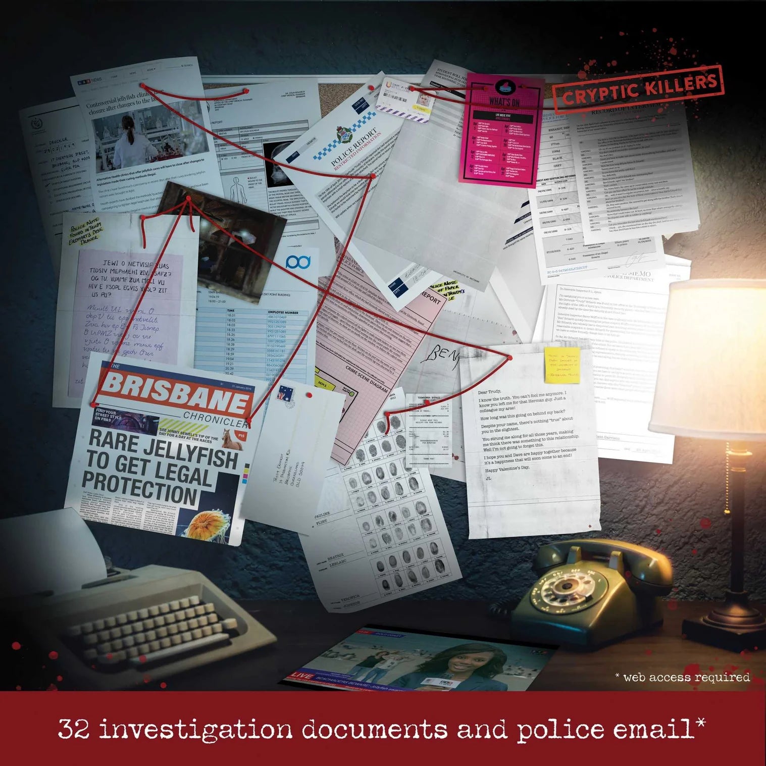 Scattered investigation documents and police email on a desk with a lamp and typewriter.