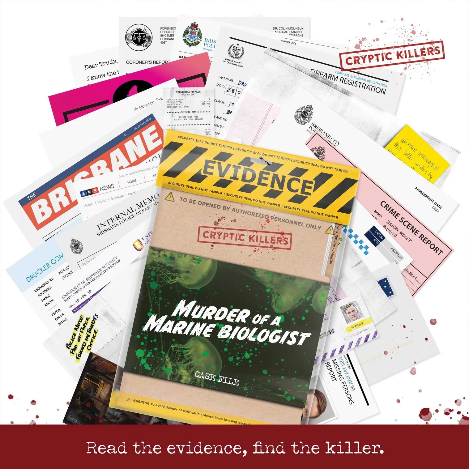 Collection of documents and a book titled 'Murder of a Marine Biologist' with 'Cryptic Killers' branding.