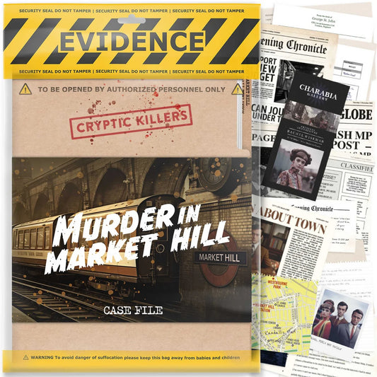 Book titled 'Murder in Market Hill' with newspaper clippings and a 'Cryptic Killers' cover