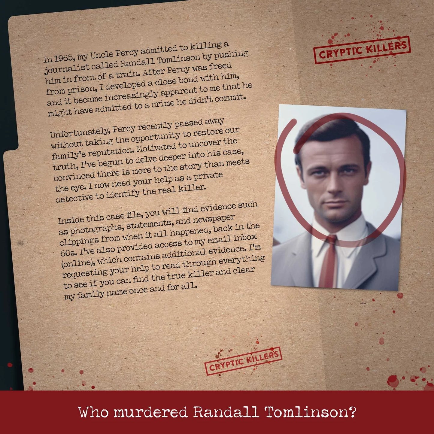 Promotional graphic for 'Cryptic Killers' with text and a photo of a man in a suit.