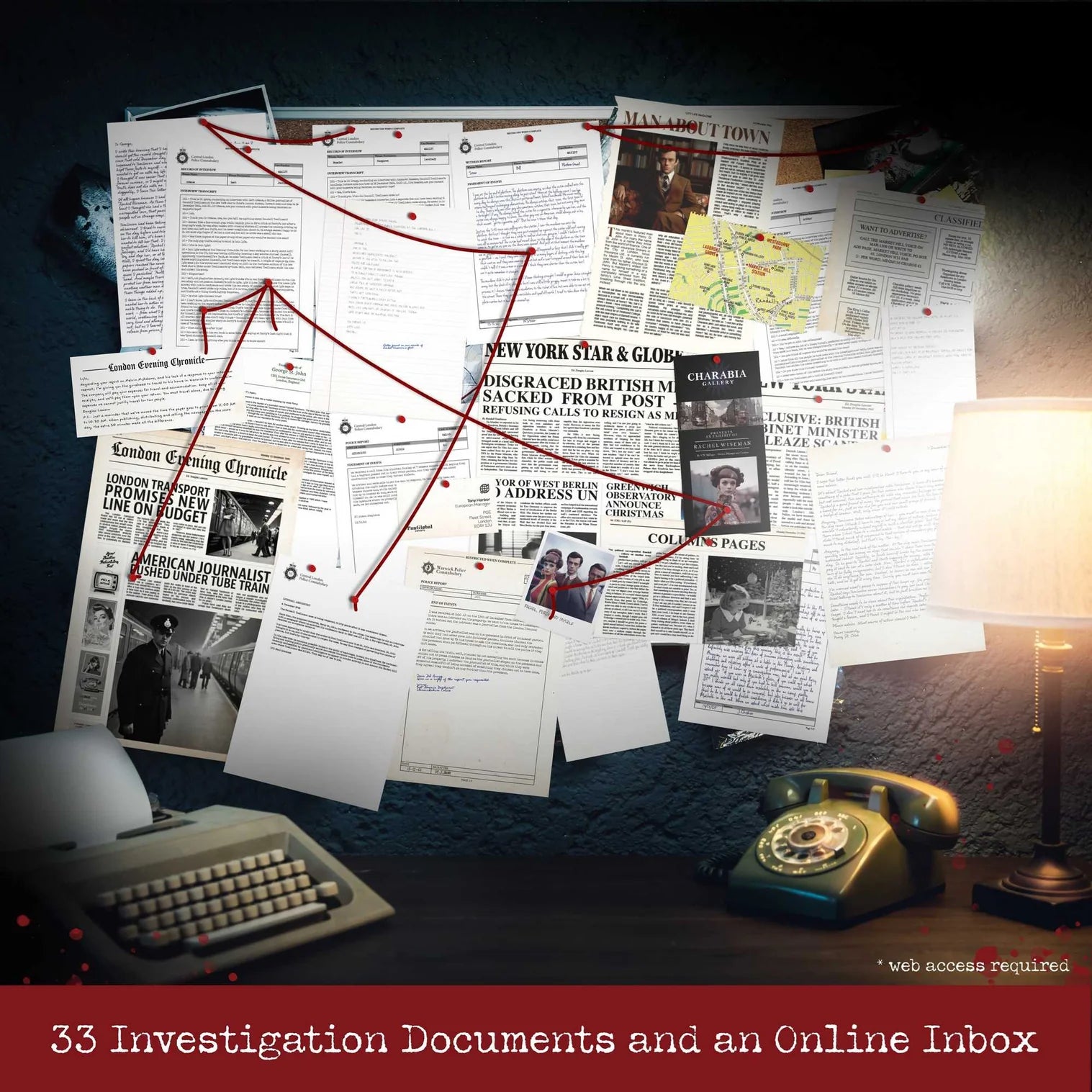 Collage of investigation documents with a vintage typewriter and lamp on a desk.