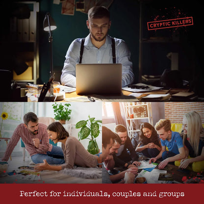 Man working on a laptop with 'Cryptic Killers' branding, followed by a group of people playing a board game.
