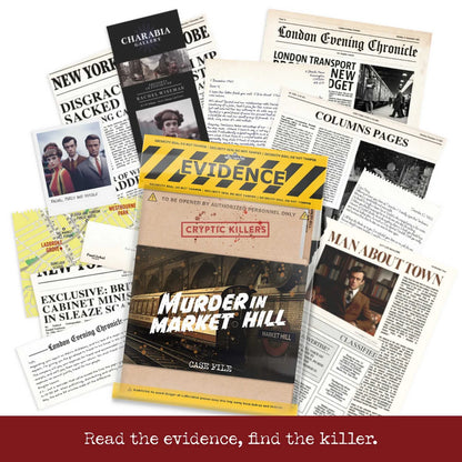Collection of newspaper clippings and a book titled 'Murder in Market Hill' with a 'Cryptic Killers' theme.