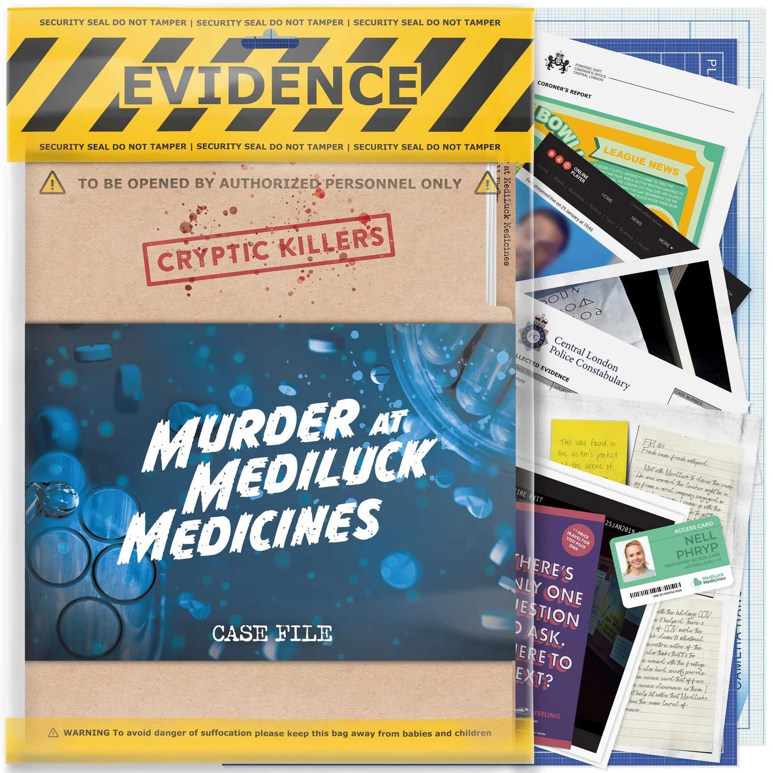 Game box for 'Murder at Mediluck Medicines' with evidence and documents.