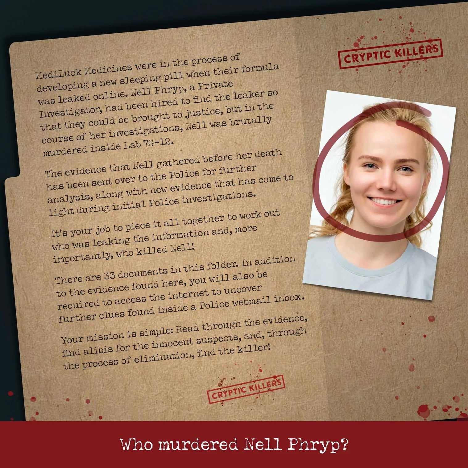 Game or book cover with text and a photo of a woman, titled 'Cryptic Killers'.