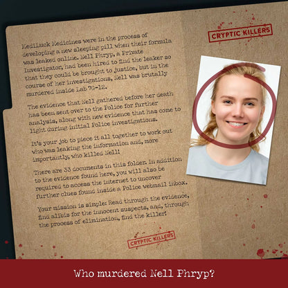 Game or book cover with text and a photo of a woman, titled 'Cryptic Killers'.