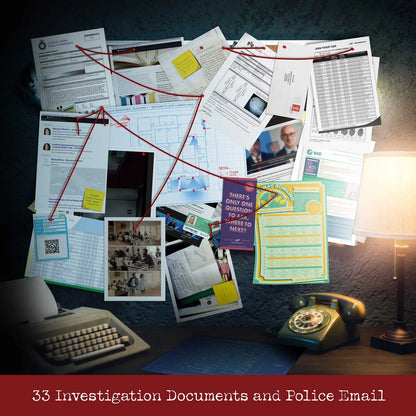 Scattered investigation documents and police email on a desk with a lamp and typewriter.