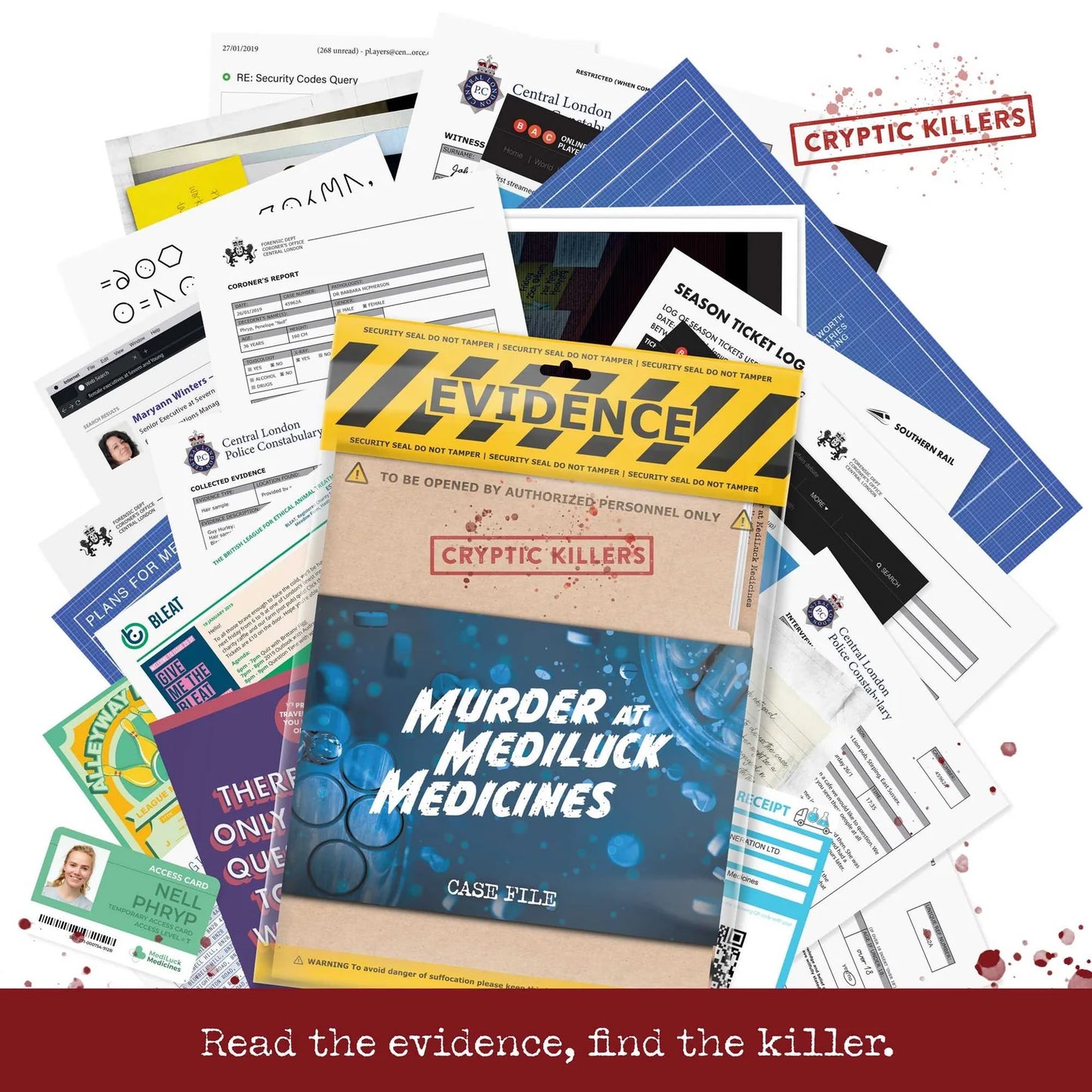 Collection of 'Cryptic Killers' murder mystery game evidence sheets and book.