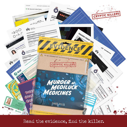 Collection of 'Cryptic Killers' murder mystery game evidence sheets and book.