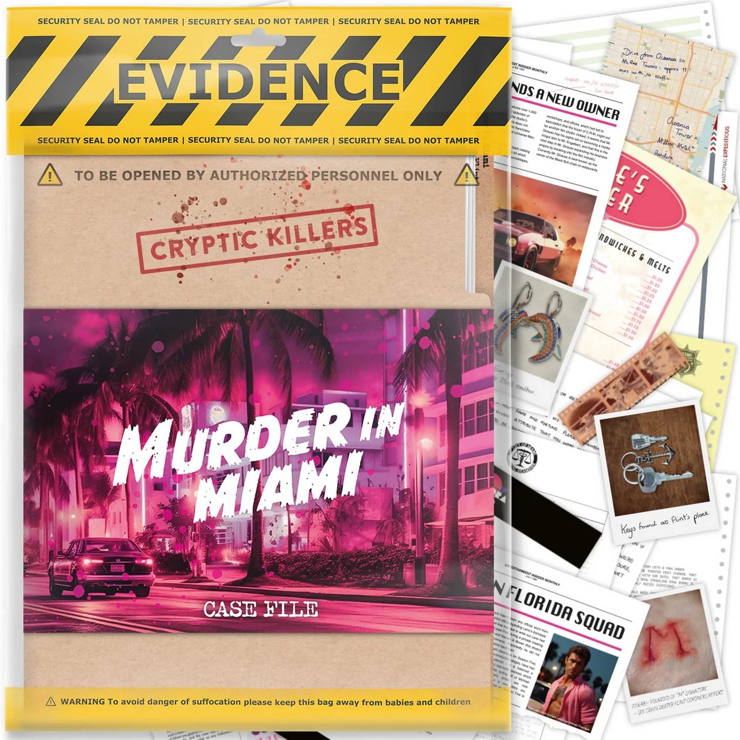Game box for 'Murder in Miami' with 'Evidence' and 'Cryptic Killers' text, surrounded by game components.