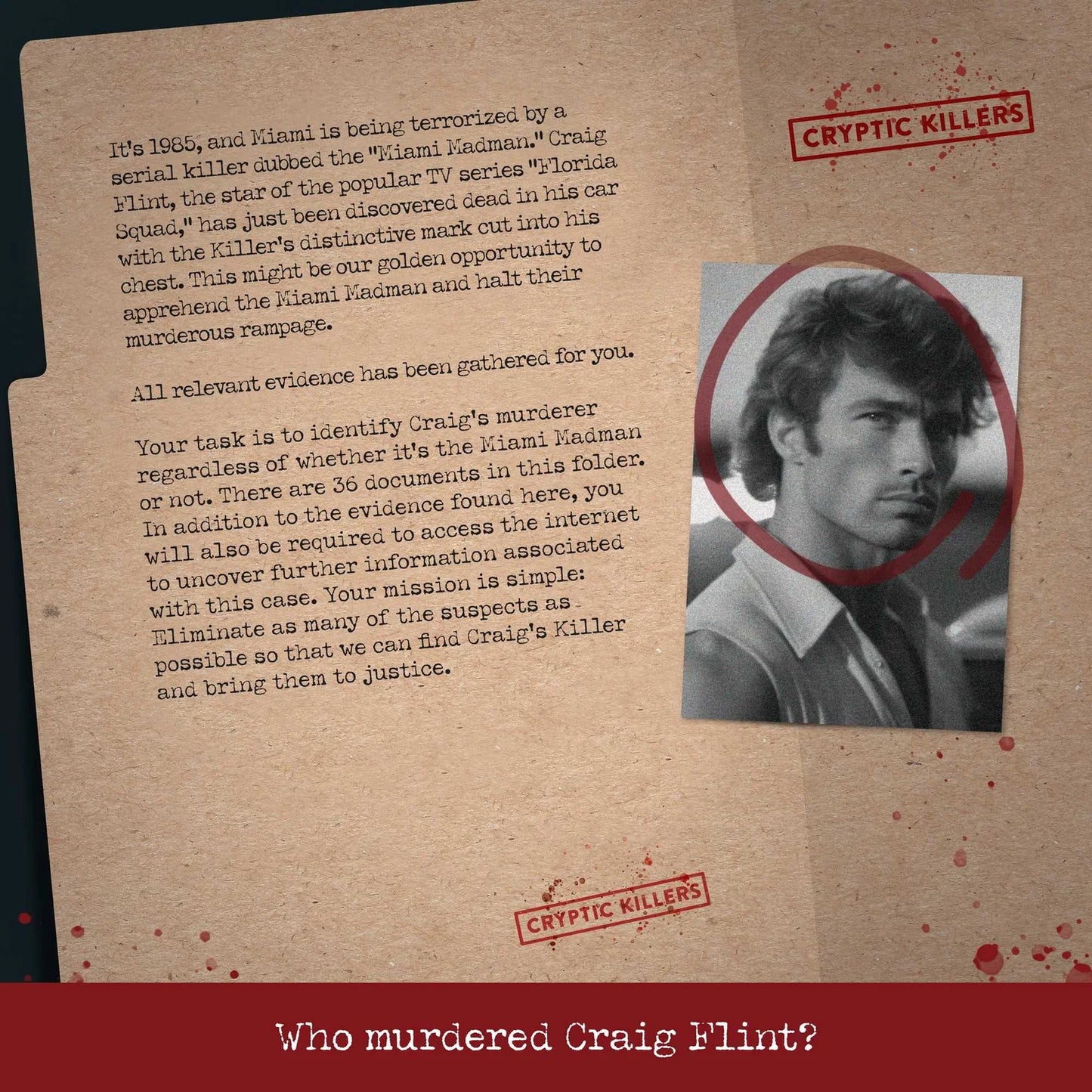 Promotional material for 'Cryptic Killers' featuring a character named Craig Flint and text about a serial killer.