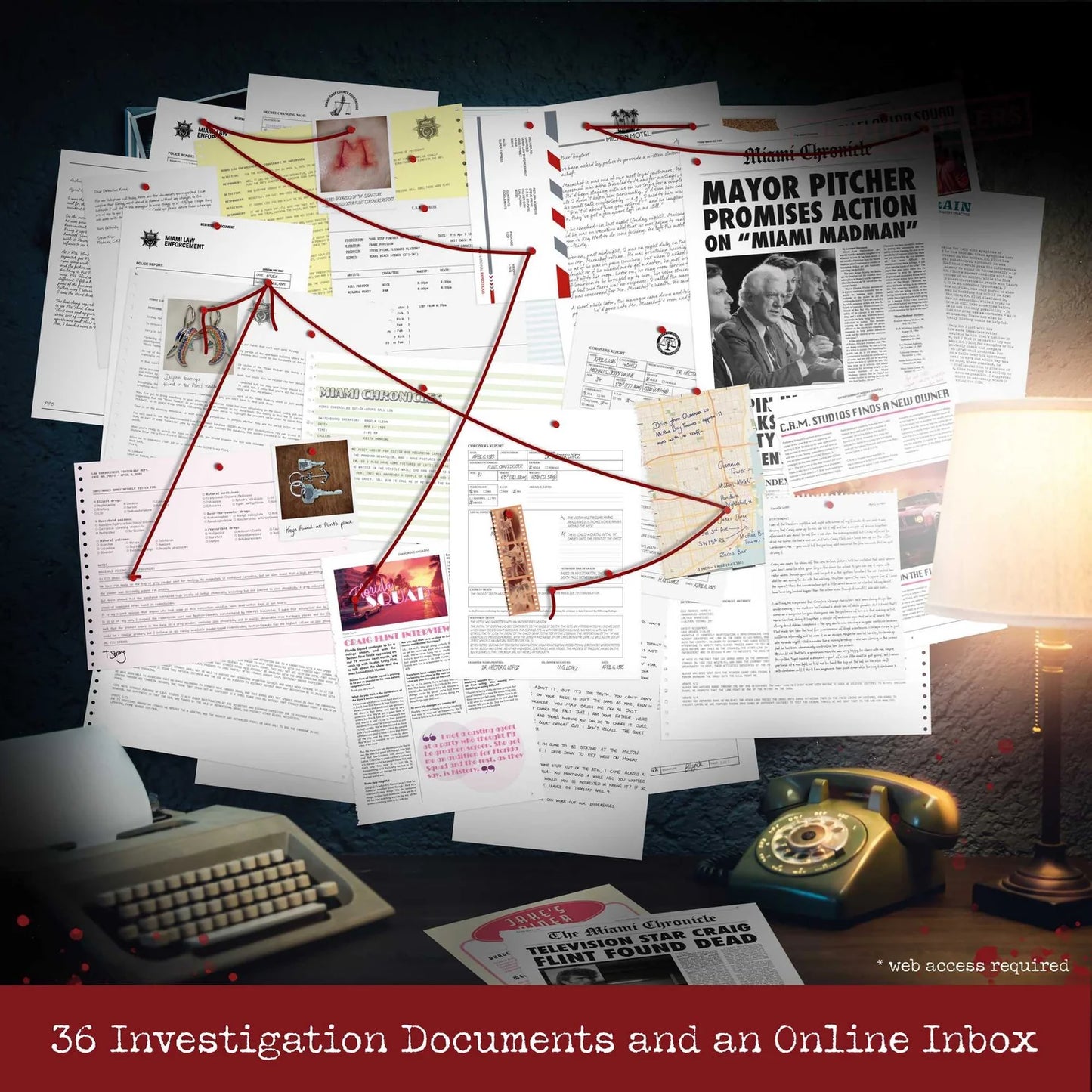 Scattered investigation documents on a desk with a lamp and typewriter, suggesting an investigative theme.