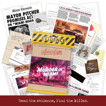 Collage of newspaper clippings and a book titled 'Murder in Miami' with a 'Cryptic Killers' theme.