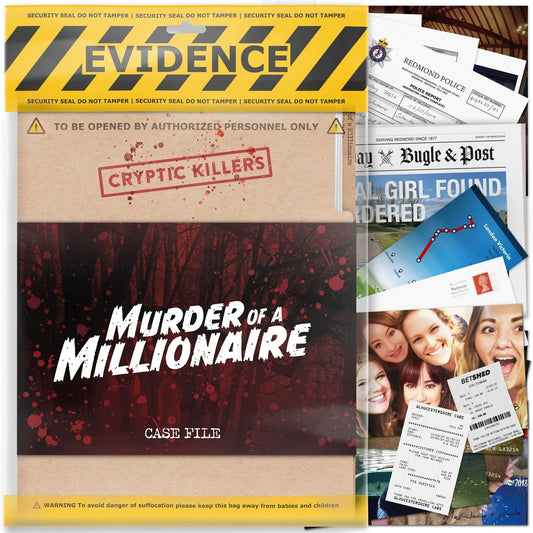 Game box for 'Murder of a Millionaire' with evidence-themed packaging and newspaper clippings.