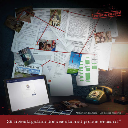 Mystery game setup with investigation documents, photos, and a laptop on a desk.