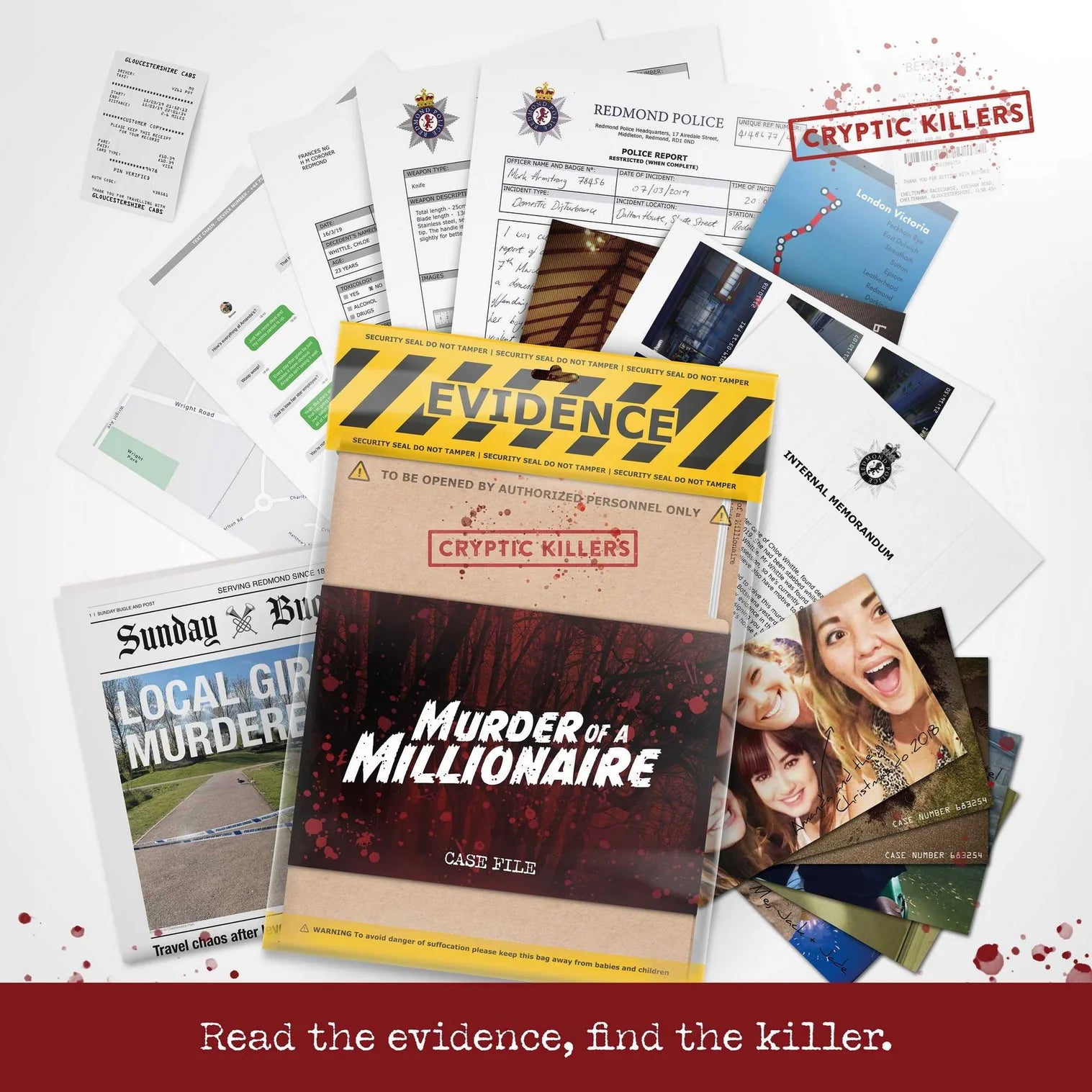Game packaging for 'Murder of a Millionaire' with evidence sheets and photos on a white background.