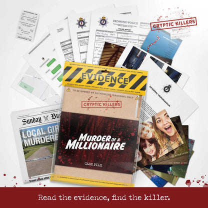 Game packaging for 'Murder of a Millionaire' with evidence sheets and photos on a white background.