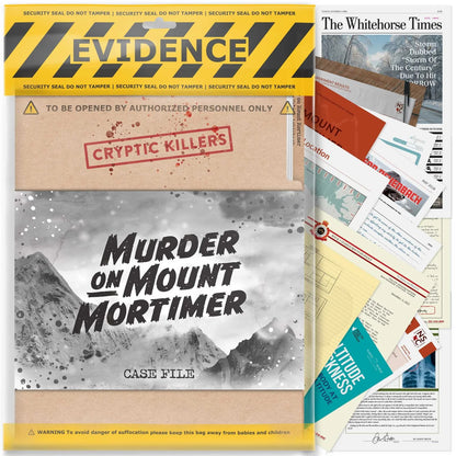 Collage of a mystery game box titled 'Murder on Mount Mortimer' with evidence bags and documents.