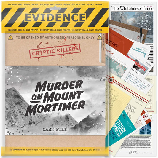 Collage of a mystery game box titled 'Murder on Mount Mortimer' with evidence bags and documents.