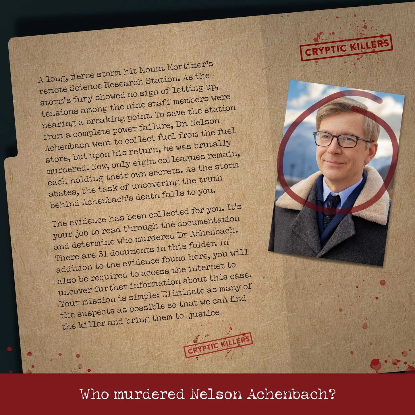 Game or book cover with text and a photo of a man, featuring the title 'Cryptic Killers'.