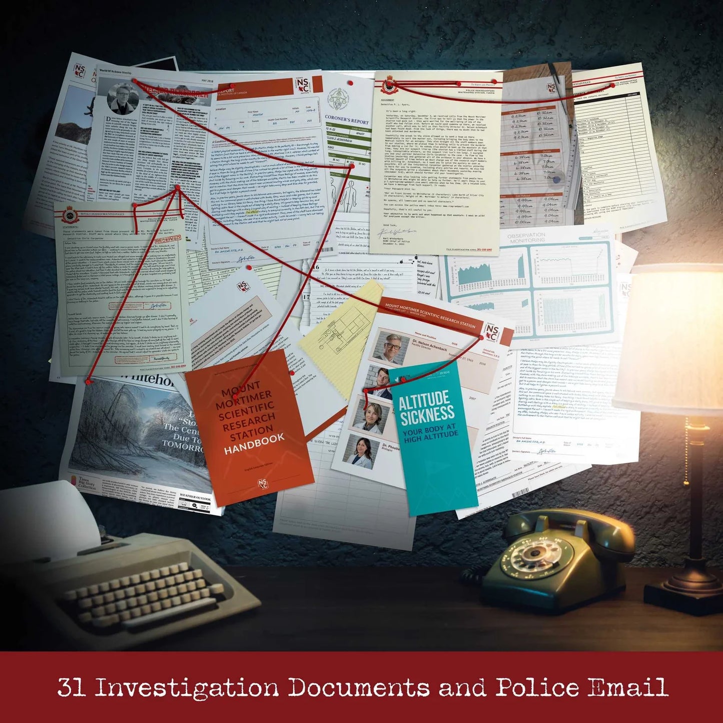 Desk with investigation documents, a lamp, and a vintage phone on a dark surface.