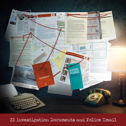 Desk with investigation documents, a lamp, and a vintage phone on a dark surface.