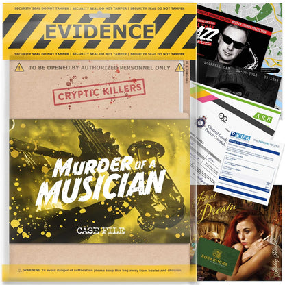 Collection of crime-themed items including a 'Murder of a Musician' case file and 'Evidence' packaging.