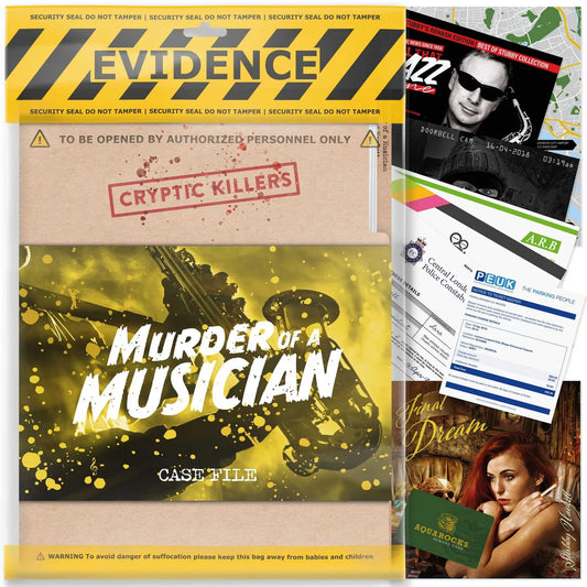 Collection of crime-themed items including a 'Murder of a Musician' case file and 'Evidence' packaging.