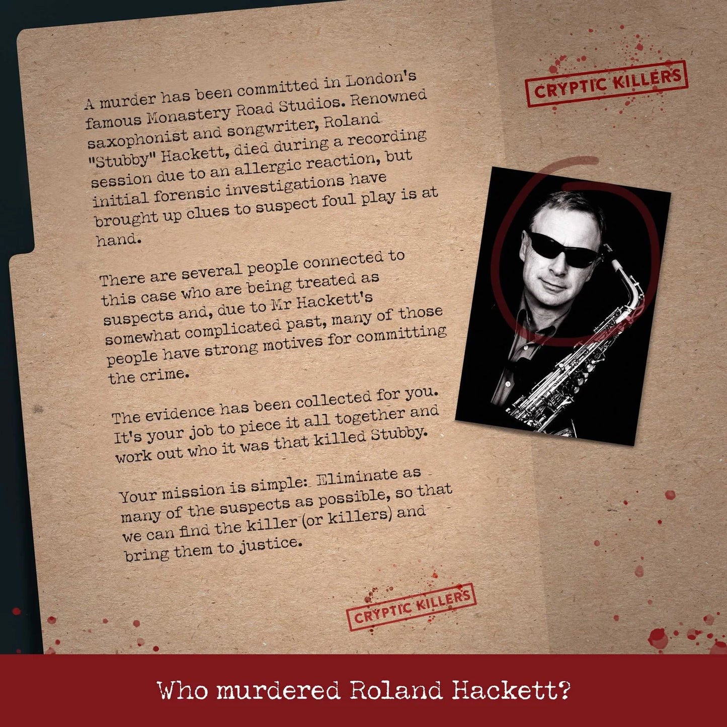 Mystery game scenario with text and photo of a saxophonist on a brown background