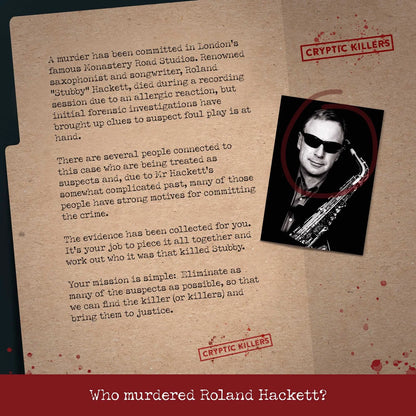 Mystery game scenario with text and photo of a saxophonist on a brown background