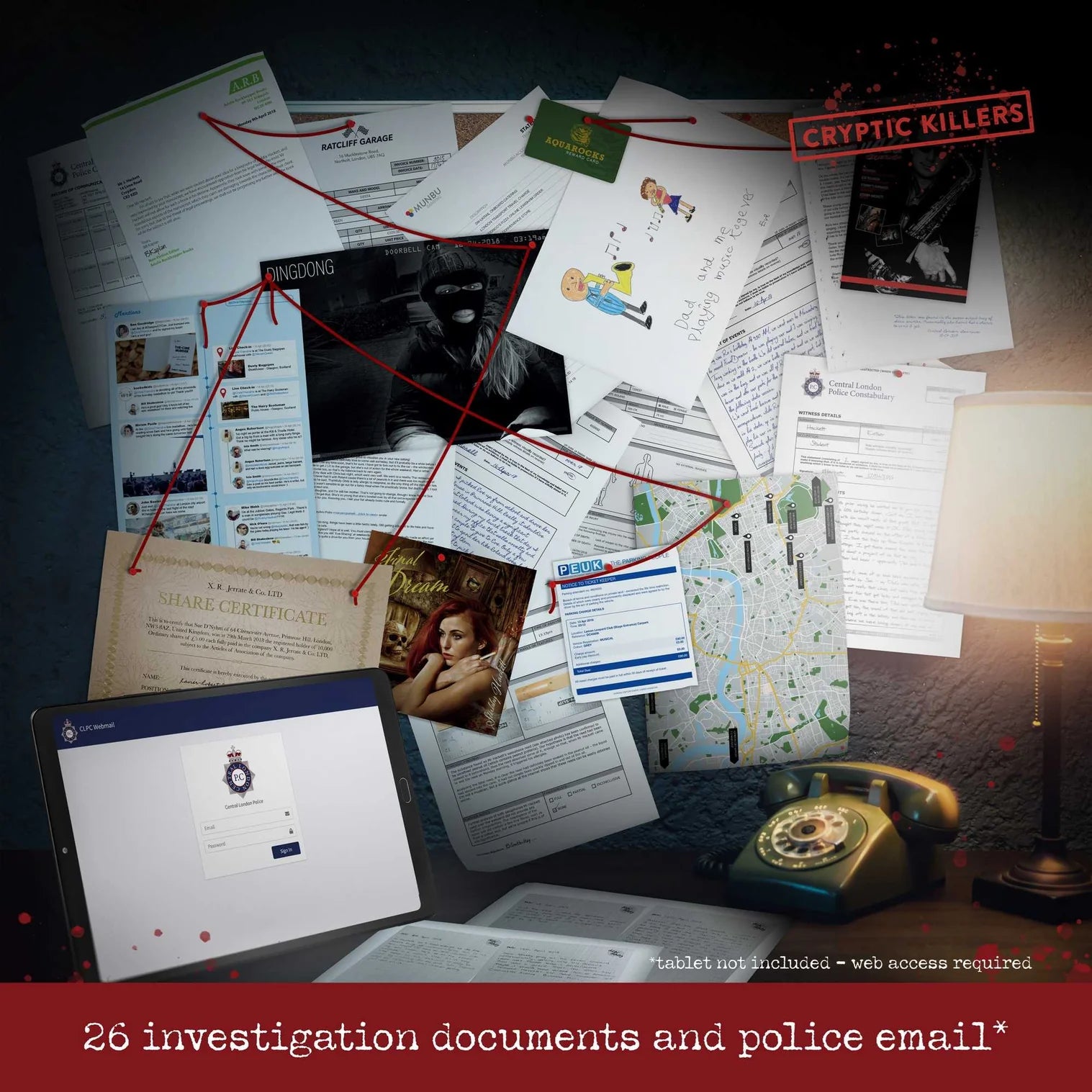 Scattered investigation documents, police email, and a vintage phone on a desk with 'Cryptic Killers' branding.
