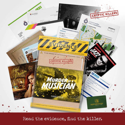 Collection of mystery game evidence cards with 'Cryptic Killers' branding on a white background.