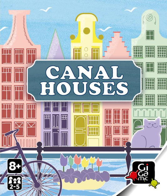 Board game box for 'Canal Houses' with colorful houses and a cat illustration.
