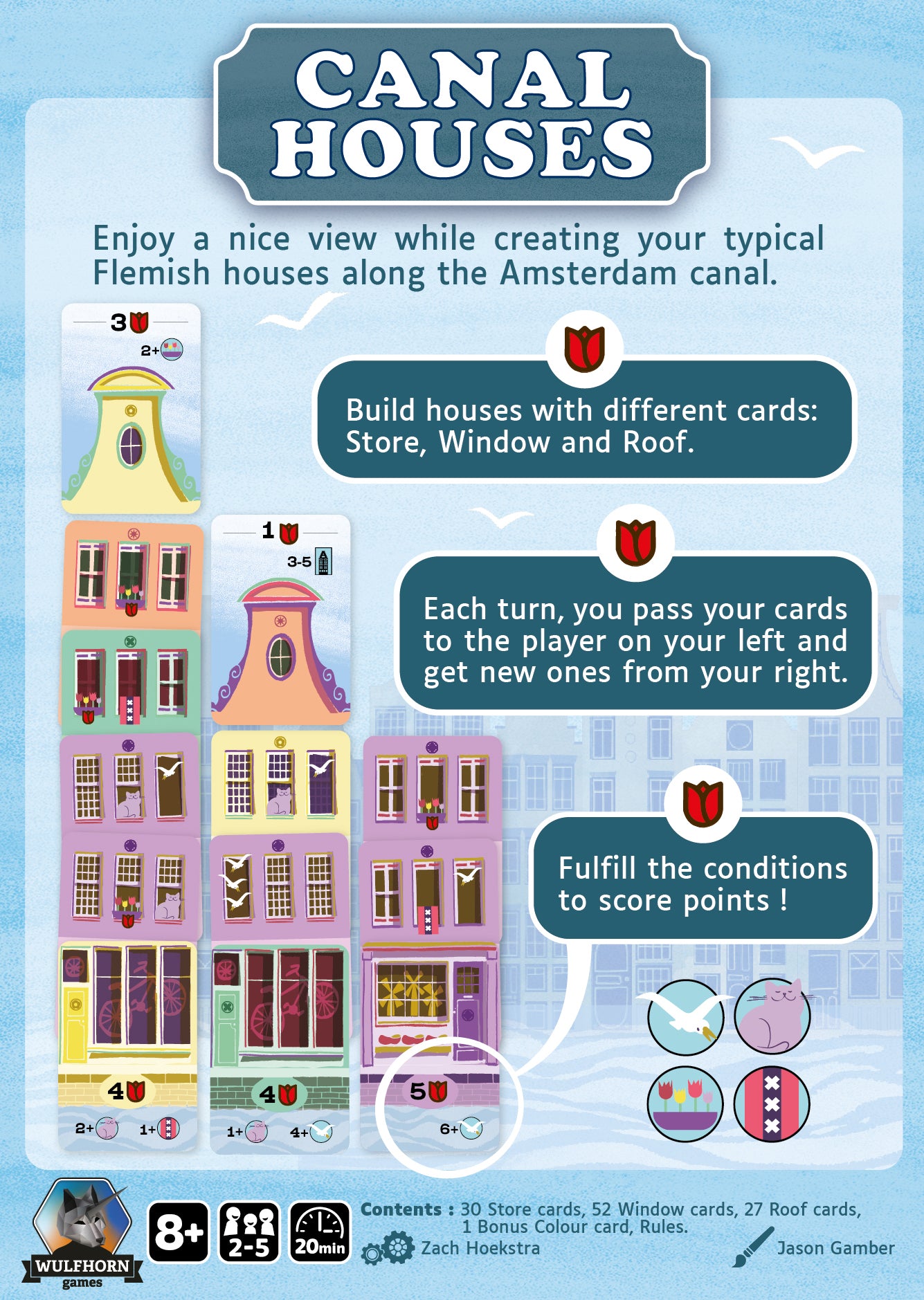 Game board with instructions for building canal houses in a Flemish style.