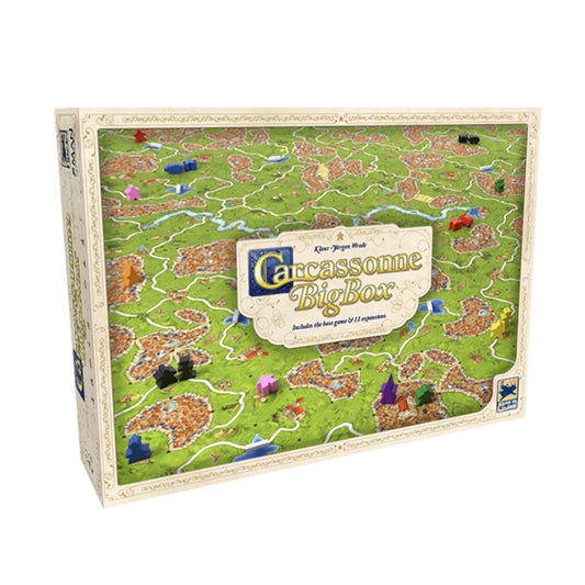 Carcassonne Big Box board game set shown at a three-quarter angle on a plain white background, displaying the illustrated map cover and the game title label.