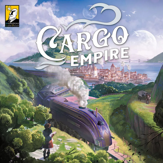 Board game cover of 'Cargo Empire' with a train and cityscape in the background.
